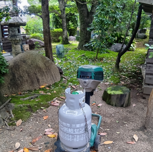 エコー株式会社様でのモスキートマグネット利用例写真。木が多く生えた日本庭園の隅にモスキートマグネットが置かれている。